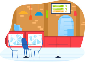 Cozy cafe interior with street view, empty chairs and modern decor. Warm welcoming eatery, coffee shop vector illustration.