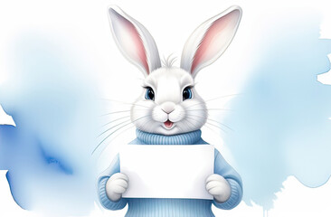 white easter rabbit wearing a blue sweater holding blank piece of paper as a note or sign, easter banner, postcard or invitation, banner for an easter sale announcement