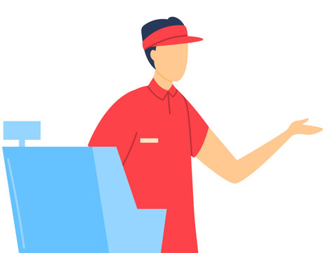 Delivery man in red uniform and cap presenting with hand gesture, standing beside a blue parcel box. Delivery service and courier presenting package vector illustration.