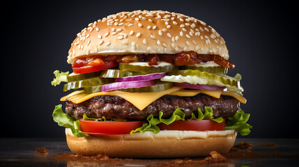 Commercial food photography; hamburger in the plain black background - obrazy, fototapety, plakaty