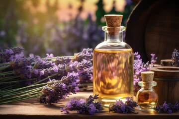 Obraz na płótnie Canvas Set of bottles with oil and lavender