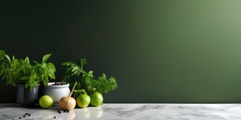 Marble table top and green wall backdrop, Grey and white for kitchen product display, Empty desk and counter for food and store, template.