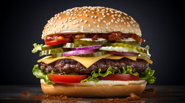 Commercial food photography; hamburger in the plain black background