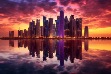 Fototapeta na wymiar A stunning view of Doha's contemporary high-rises reflecting on water during sunrise at Sheraton Park in Qatar. Generative AI