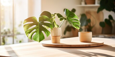 Fototapeta premium Wooden breakfast table with plate and cup in a Scandinavian-style kitchen with cutting board and monstera plant, illuminated by morning light.