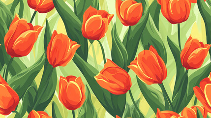 Orange Tulips with a Green and Yellow Background seamless pattern