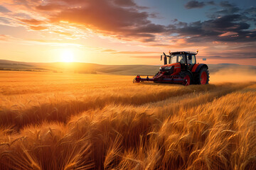 orange tractor harvesting at sunset