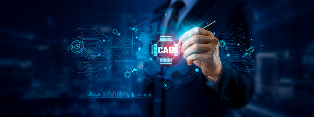 CAD Integration: Businessman pointing to CAD icon and data for global design network on graphic...