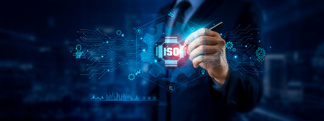 ISO Concept: Businessman Pointing to ISO Icon and Data for Global Standards Network on Graphic...