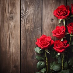 Beautiful Red Rose Flowers Over Rustic Wood Background.