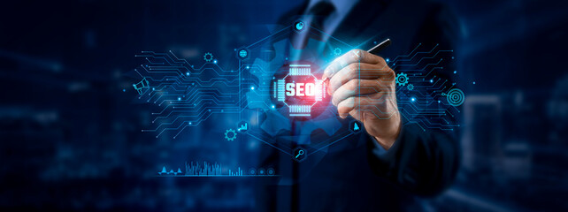 SEO Concept. Businessman Pointing to Global Search Icon and Data for Optimal Online Visibility on...