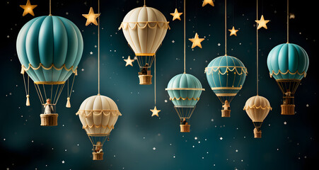many balloons hanging in the sky at night with stars