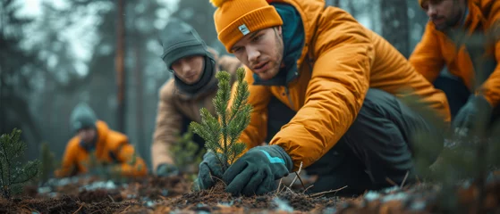 Tuinposter Group of young north european people planting trees. © Ярослав Антонюк