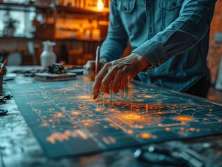 Naklejka premium The ambient noise from the meeting blends with the background sounds of construction, but the engineers remain focused and professional in advancing their project. The atmosphere of this meeting is fi