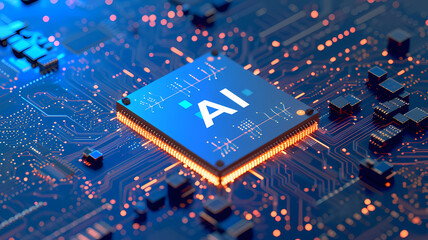 powerful computer processor microchip with the word representing artificial intelligence, AI technology - obrazy, fototapety, plakaty