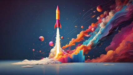 A vivid and dynamic representation of an abstract growth chart with a rocket launch, symbolizing the exhilarating journey of a startup towards success.