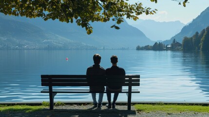 cute couple sitting in front of a lake