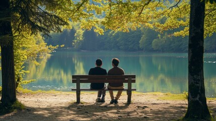 cute couple sitting in front of a beautiful lake in a park