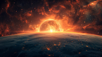 The sun rises over the planet. - obrazy, fototapety, plakaty