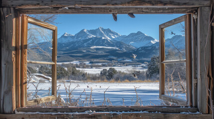 An open window in winter overlooking the winter landscape.