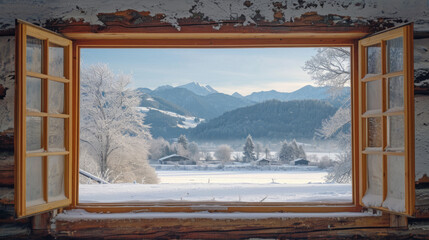 An open window in winter overlooking the winter landscape.