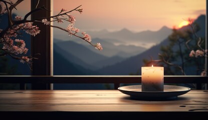 The warm glow of a candle lit during twilight with the silhouette of mountains in the background