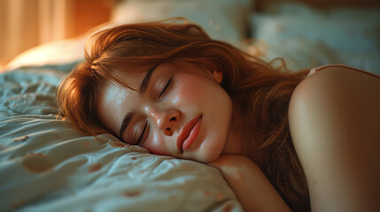 The girl has a deep sleep. The girl is lying on the bed. - obrazy, fototapety, plakaty