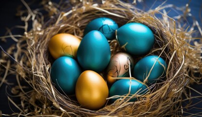 Fototapeta na wymiar A warm collection of blue and beige Easter eggs with speckled patterns, nestled in a straw nest with soft feathers