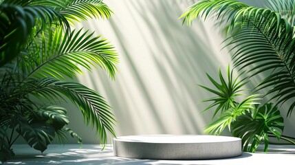 Obraz premium Pedestal or stage pedestal platform for the product. for product presentation with a shadow of tropical palm leaves and light. Empty round podium, mockup.