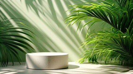Obraz premium Pedestal or stage pedestal platform for the product. for product presentation with a shadow of tropical palm leaves and light. Empty round podium, mockup.