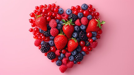 heart made of fresh ripe berries on a pink background