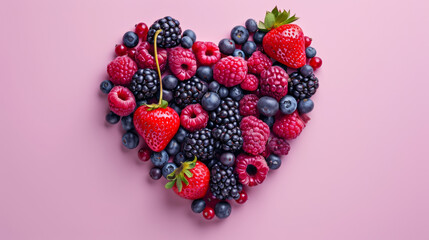 heart made of fresh ripe berries on a pink background