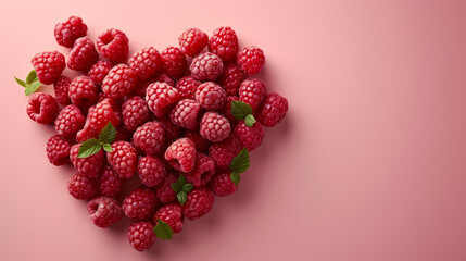 heart made of fresh ripe raspberries on a pink background