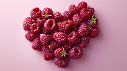 heart made of fresh ripe raspberries on a pink background