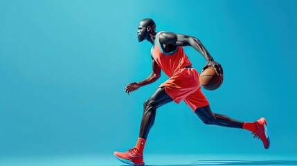 Fototapeta na wymiar Basketball Player Dribble in Blue Background