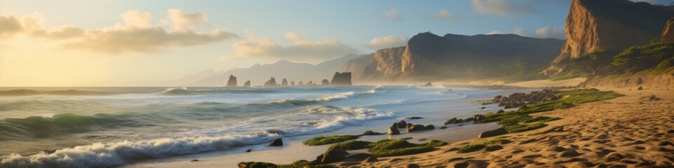 Fototapeta premium A serene coastal panorama, where a secluded beach is hugged by towering cliffs, kissed by the morning light