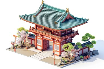 Japanese Temple Building Isometric Isolated on White