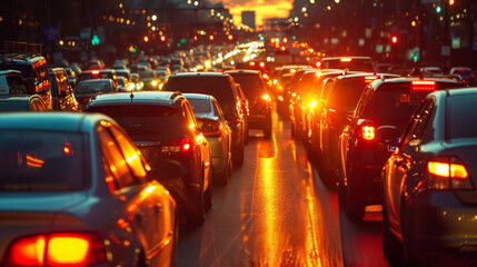 Heavy traffic of cars at night. People returning home and traffic jams. - obrazy, fototapety, plakaty