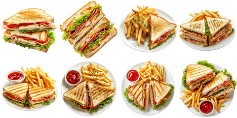 Club sandwich and chips collection in 3d png transparent for product presentation. Created using generative AI.
