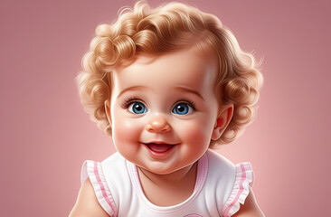 portrait of a cute smiling toddler or baby girl looking to the camera, blonde hair, smiling, plain studio background