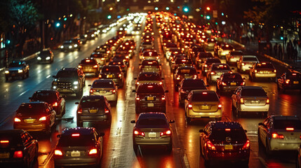Heavy traffic of cars at night. People returning home and traffic jams.