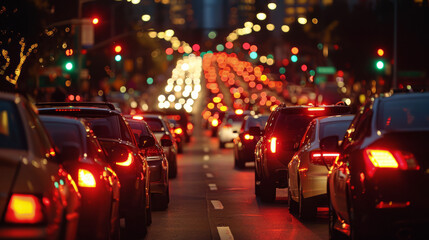 Fototapeta na wymiar Heavy traffic of cars at night. People returning home and traffic jams.