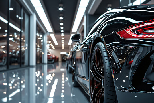 Sleek luxury cars showcased under the bright, modern lighting of a high-end car dealership's polished showroom floor.