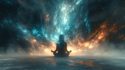 Meditation against the backdrop of space. Opening the chakra and restoring the soul. - obrazy, fototapety, plakaty