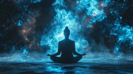 Obraz premium Meditation against the backdrop of space. Opening the chakra and restoring the soul.