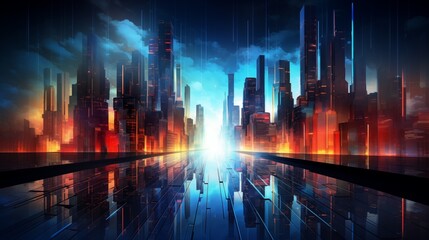 Fototapeta na wymiar Illustrative abstract night cityscape on a futuristic dark backdrop, with avant-garde architecture and modern elements, creating a captivating portrayal of innovation and sophistication.