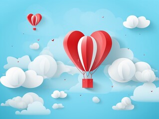 Paper hearts, clouds, flying hot air balloon