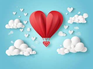 Paper hearts, clouds, flying hot air balloon