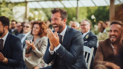 On their wedding day, the couple and guests share heartfelt laughter and joy, creating a jubilant atmosphere filled with love, happiness, and cherished moments of celebration.