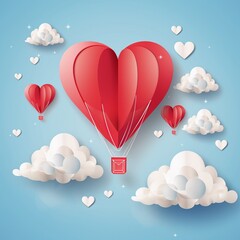 Paper hearts, clouds, flying hot air balloon